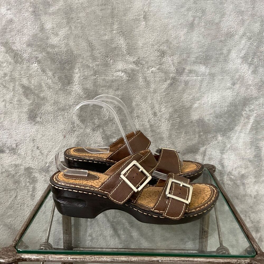 BOC Faux Leather Comfort Mules Clogs Shoes Women’s 9 M Brown Adj. double buckles